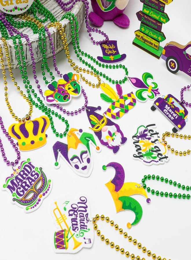 EOBOH 48PCS Mardi Gras Beads Throw, Mardi Gras Beads Necklace with Pendant, 12 Kinds Elements Green Purple Gold Accessories, Bead Necklace Costumes Mardi Gras Celebration Events Parade Throws Party Supplies - Image 5